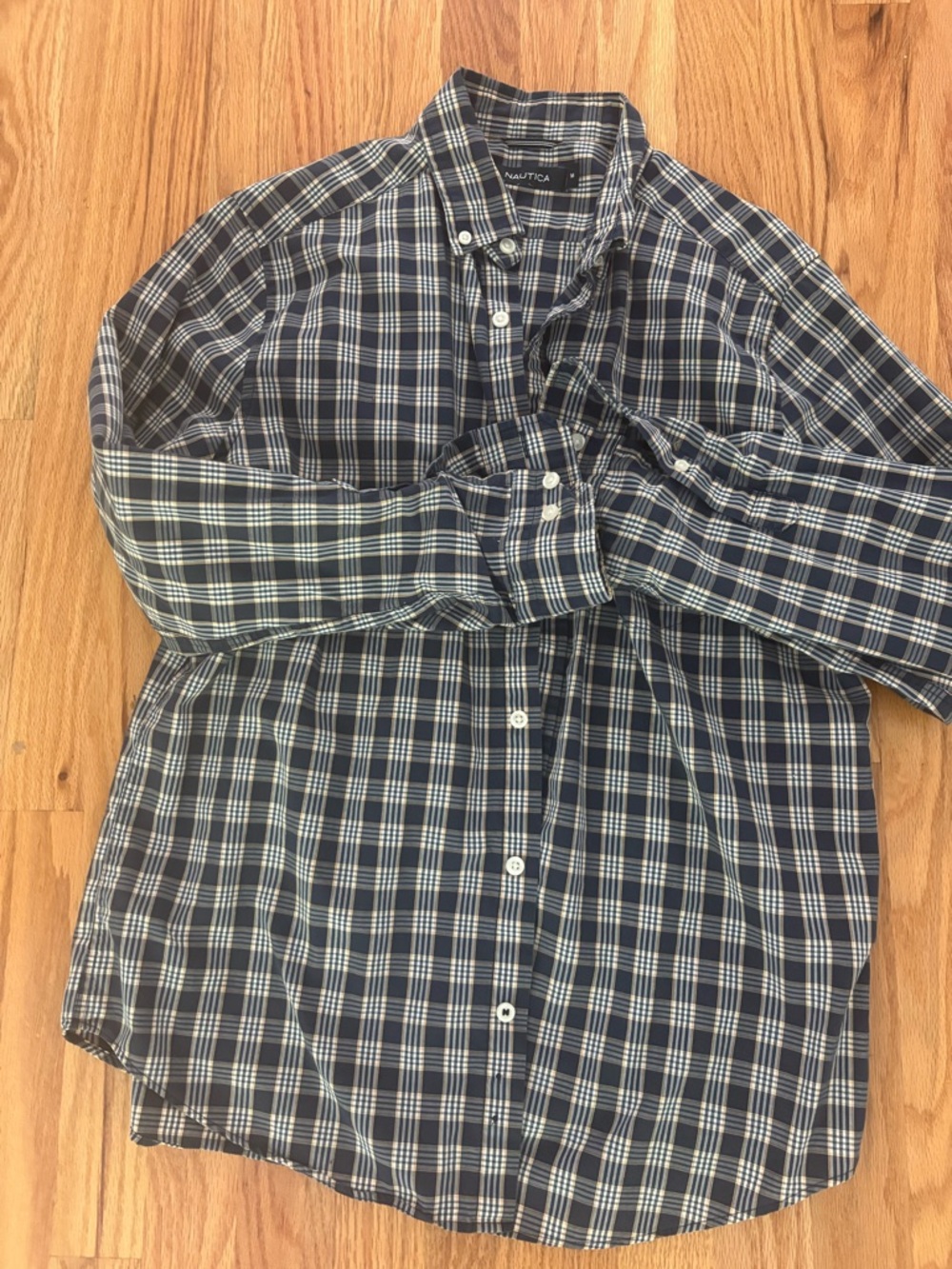 Nautica Men's Blue and White Plaid Button-Down Shirt